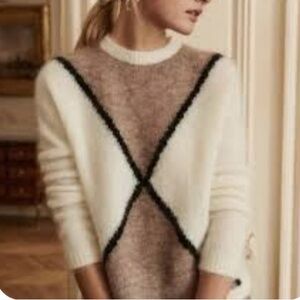 Sezane Cream and Brown Sweater with Black Accents